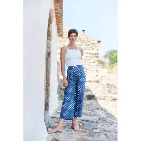 NWT SZ Blockprints Hand Block-Printed Disco Pants in Blue Polka Dots Canvas L - Picture 8 of 11